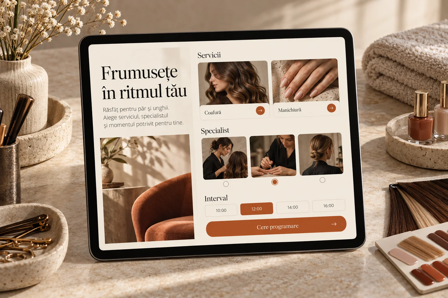 Concept de site pentru salon cu servicii, specialiști și selecție de interval.