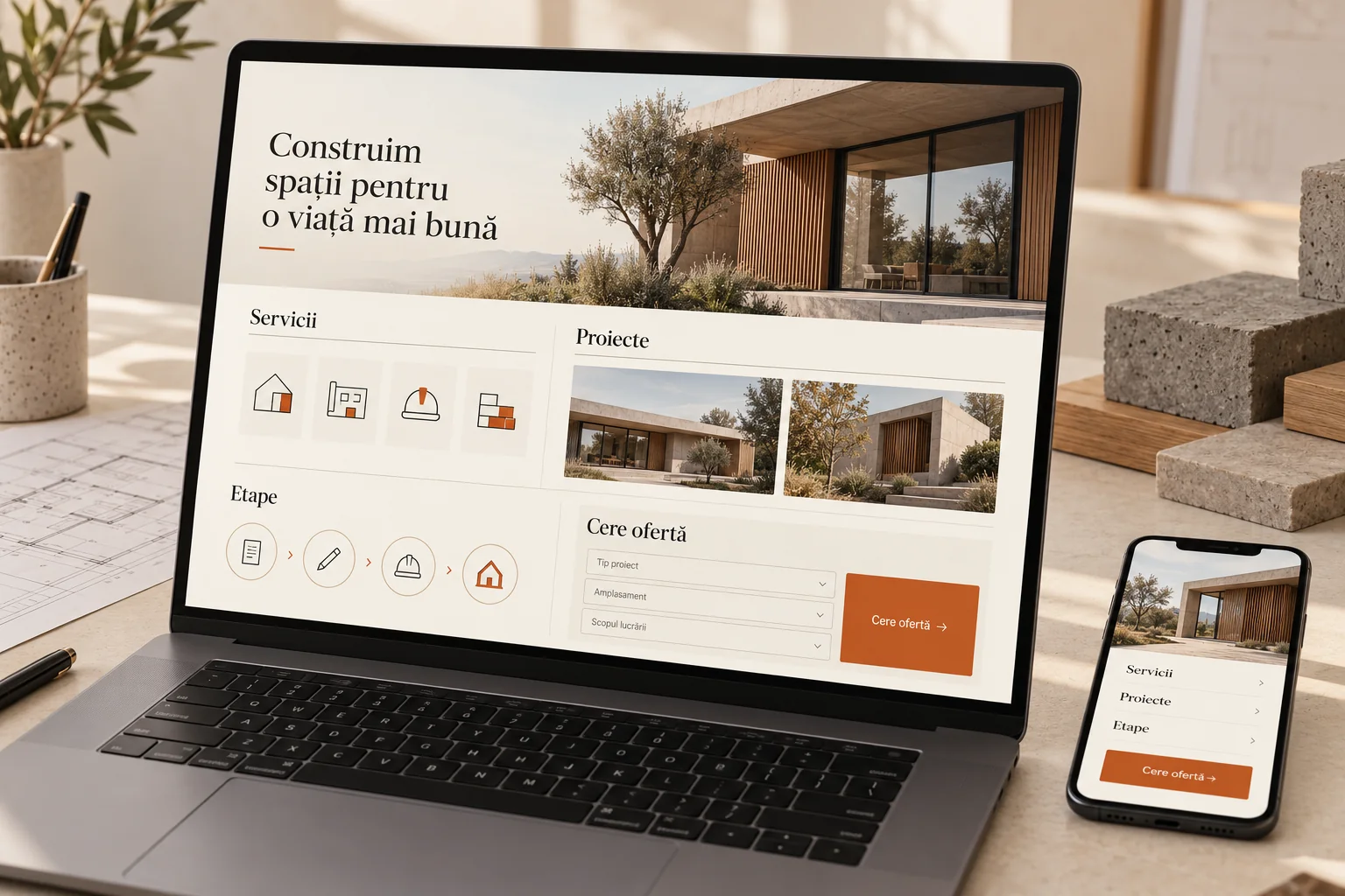 Concept fictiv de site pentru construcții pe laptop și telefon, cu servicii, portofoliu, etape și cerere de ofertă.