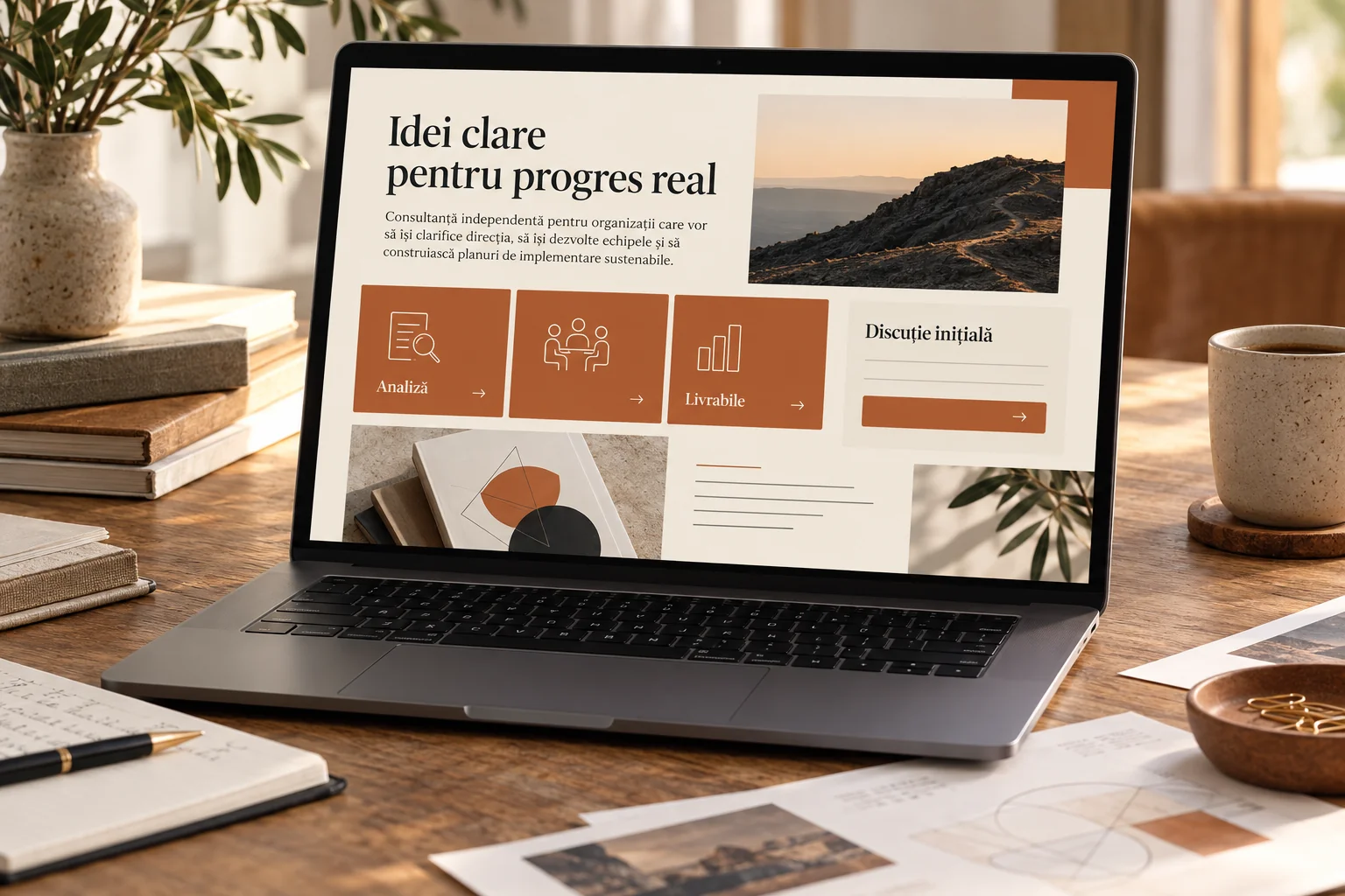 Concept de site de consultanță cu servicii, livrabile și solicitarea unei discuții.