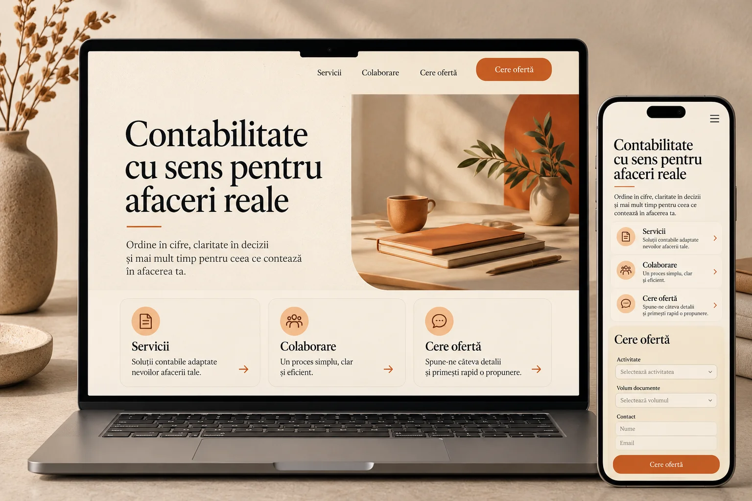 Concept de site pentru contabilitate, cu servicii și cerere structurată de ofertă.