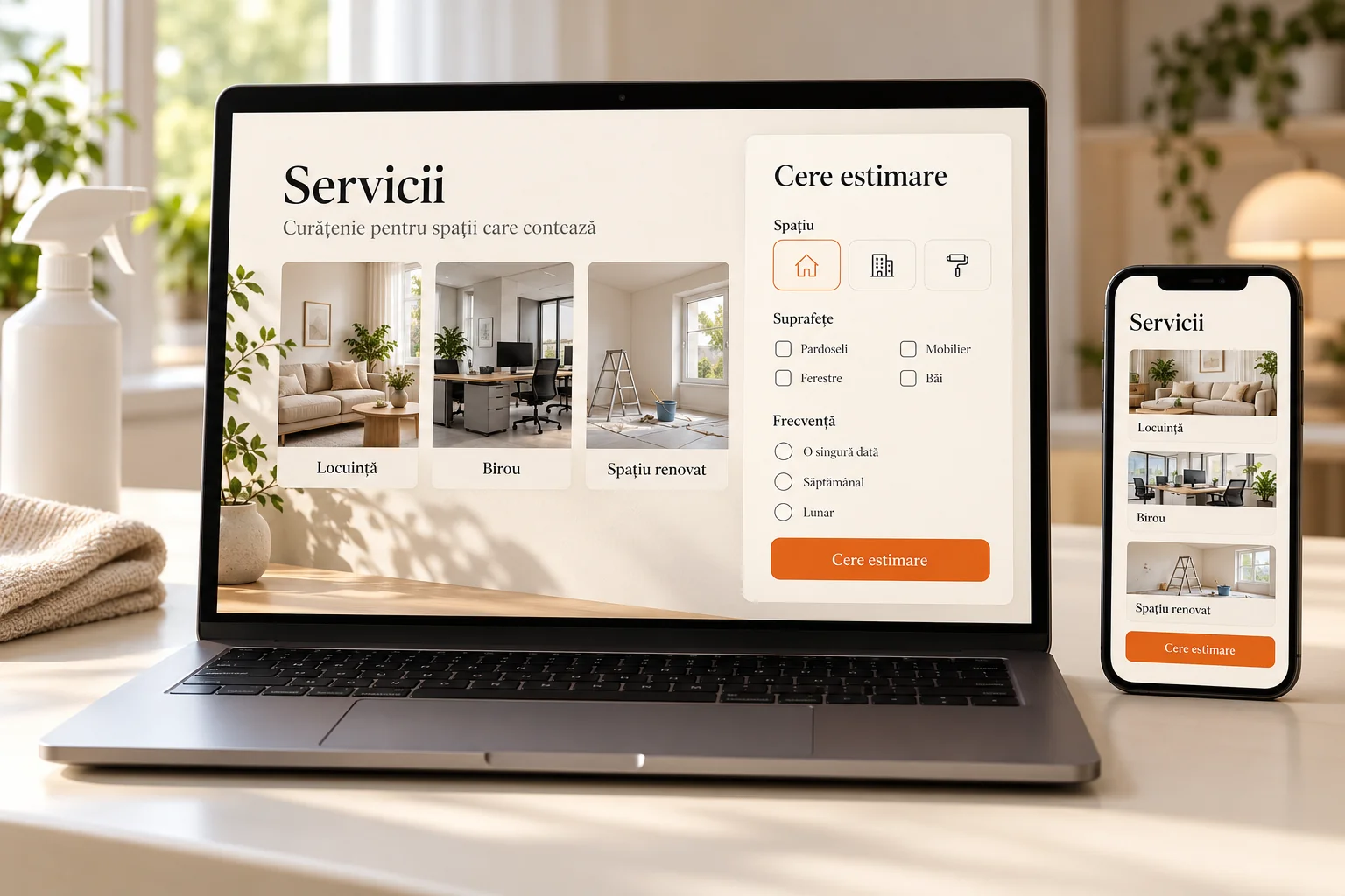 Concept fictiv de site pentru curățenie pe laptop și telefon, cu tipuri de spații, suprafețe, frecvență și cerere de estimare.