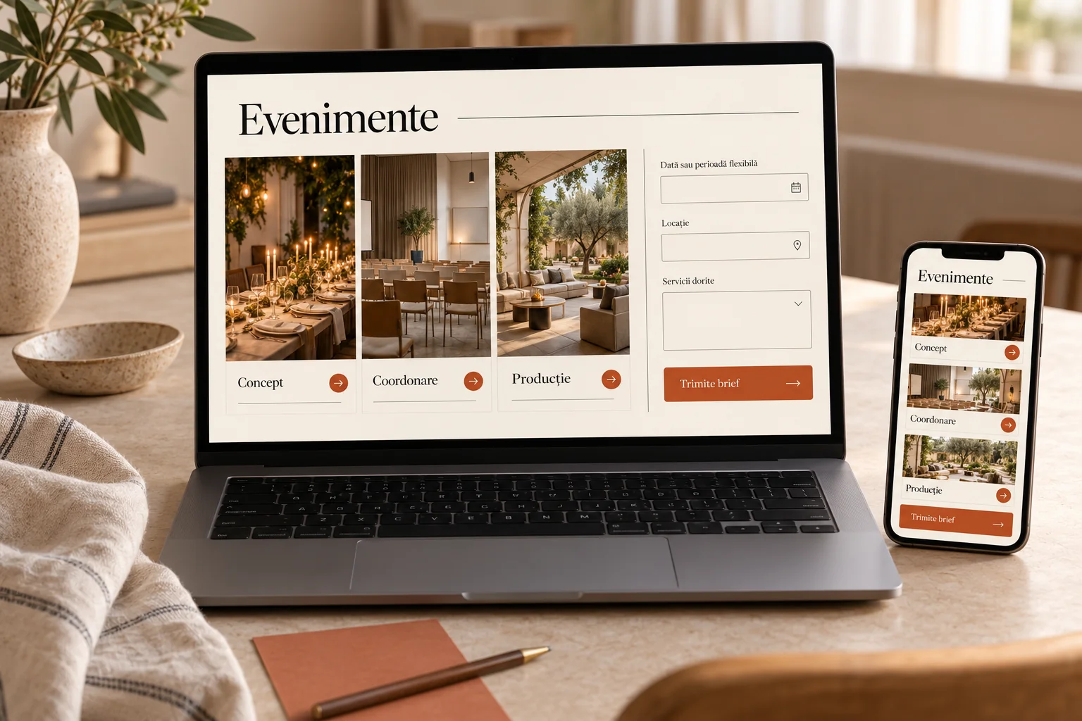 Concept fictiv de site pentru organizator de evenimente pe laptop și telefon, cu servicii și formular de brief.