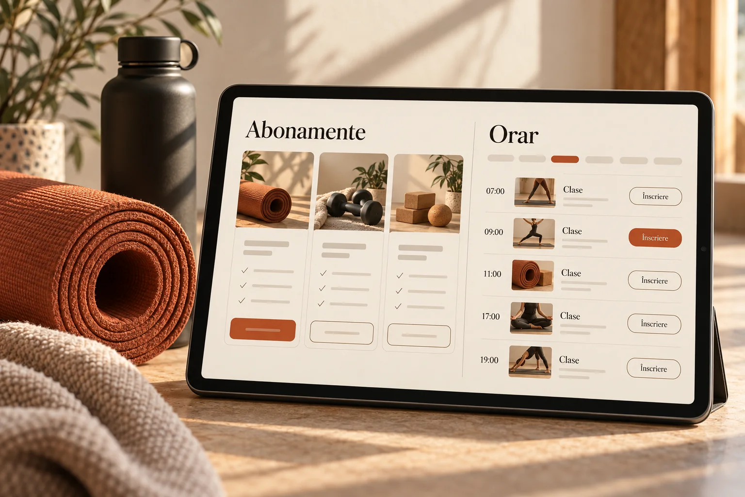 Concept de site fitness cu comparație de abonamente și orar de clase.