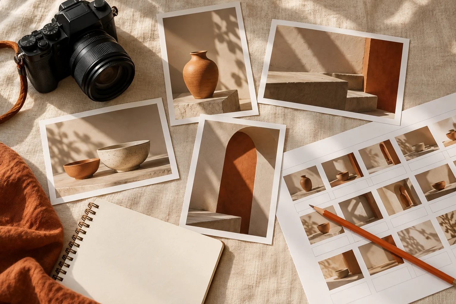Aparat foto fără marcă și selecție de fotografii de obiecte pe o masă de lucru.