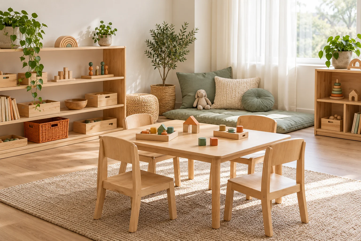 Spațiu ilustrativ de grădiniță cu mobilier și materiale educative din lemn, fără copii.