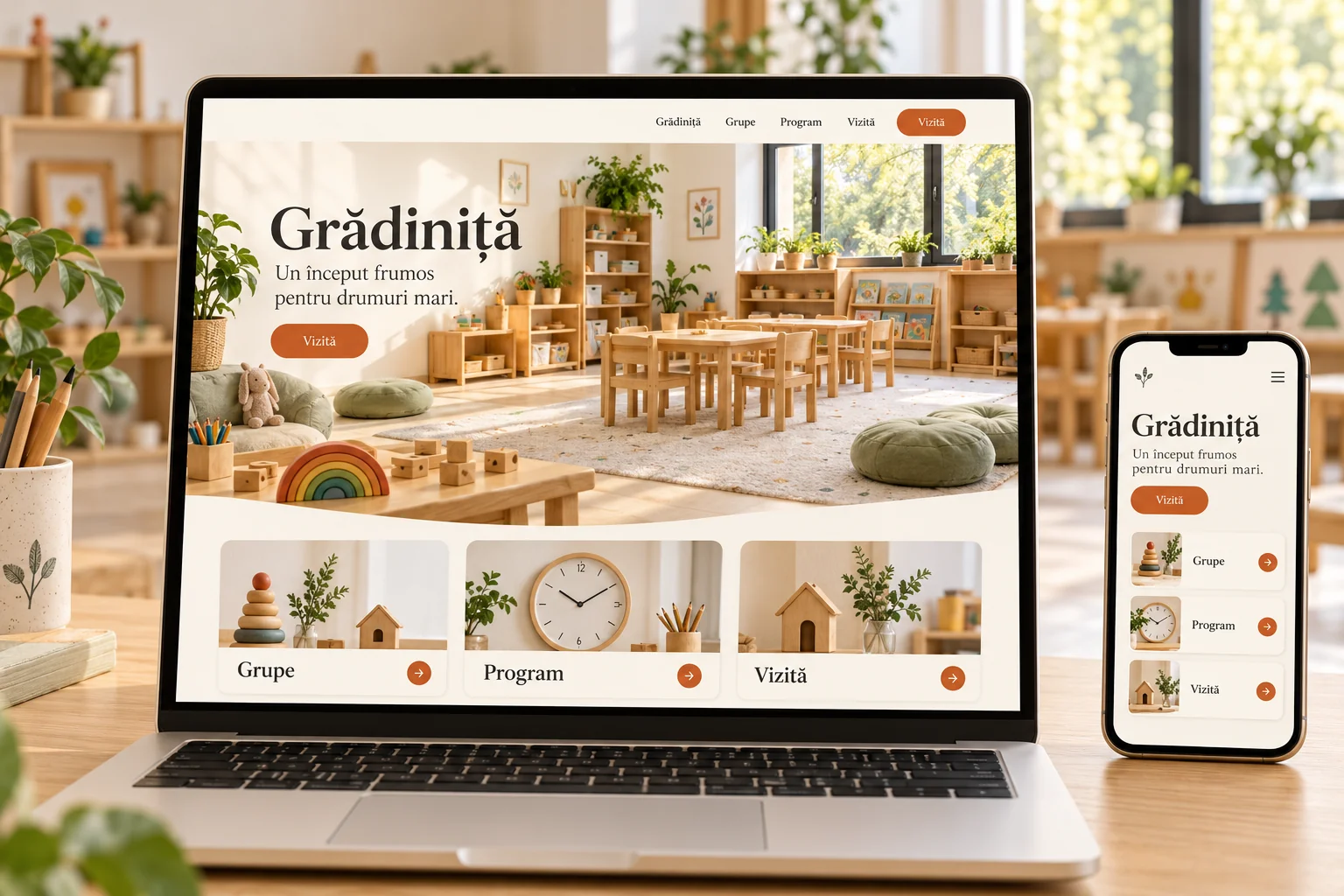 Laptop și telefon cu un concept de site pentru grădiniță, cu grupe, program și solicitare de vizită.