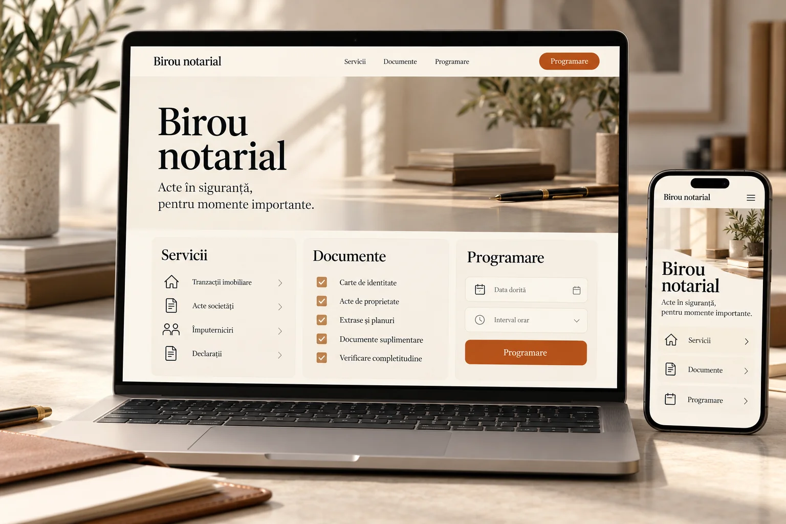 Concept de site notarial cu servicii, informații de pregătire și solicitare de programare.