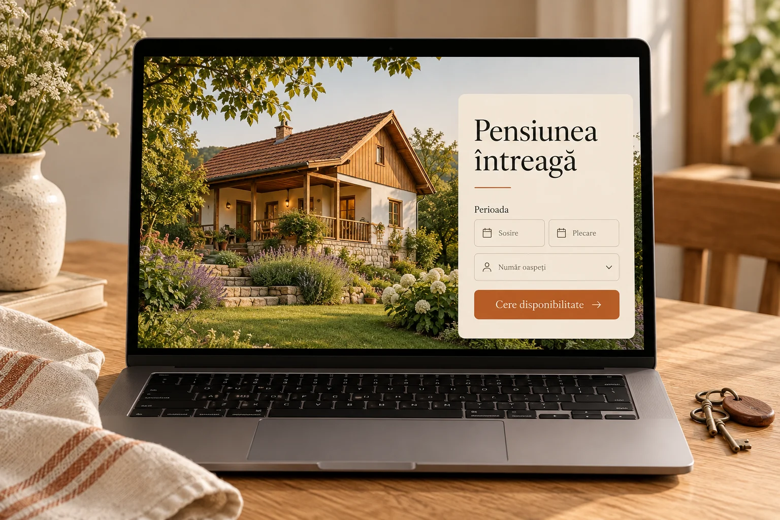 Laptop cu un concept de cerere pentru închirierea integrală a unei pensiuni.