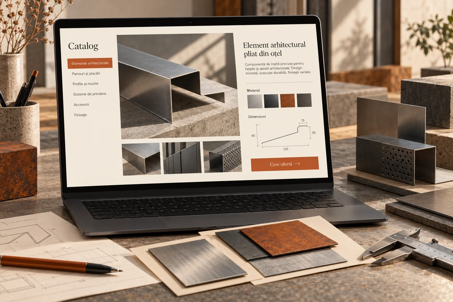 Concept de catalog industrial pe laptop, cu mostre metalice și câmpuri de specificații.