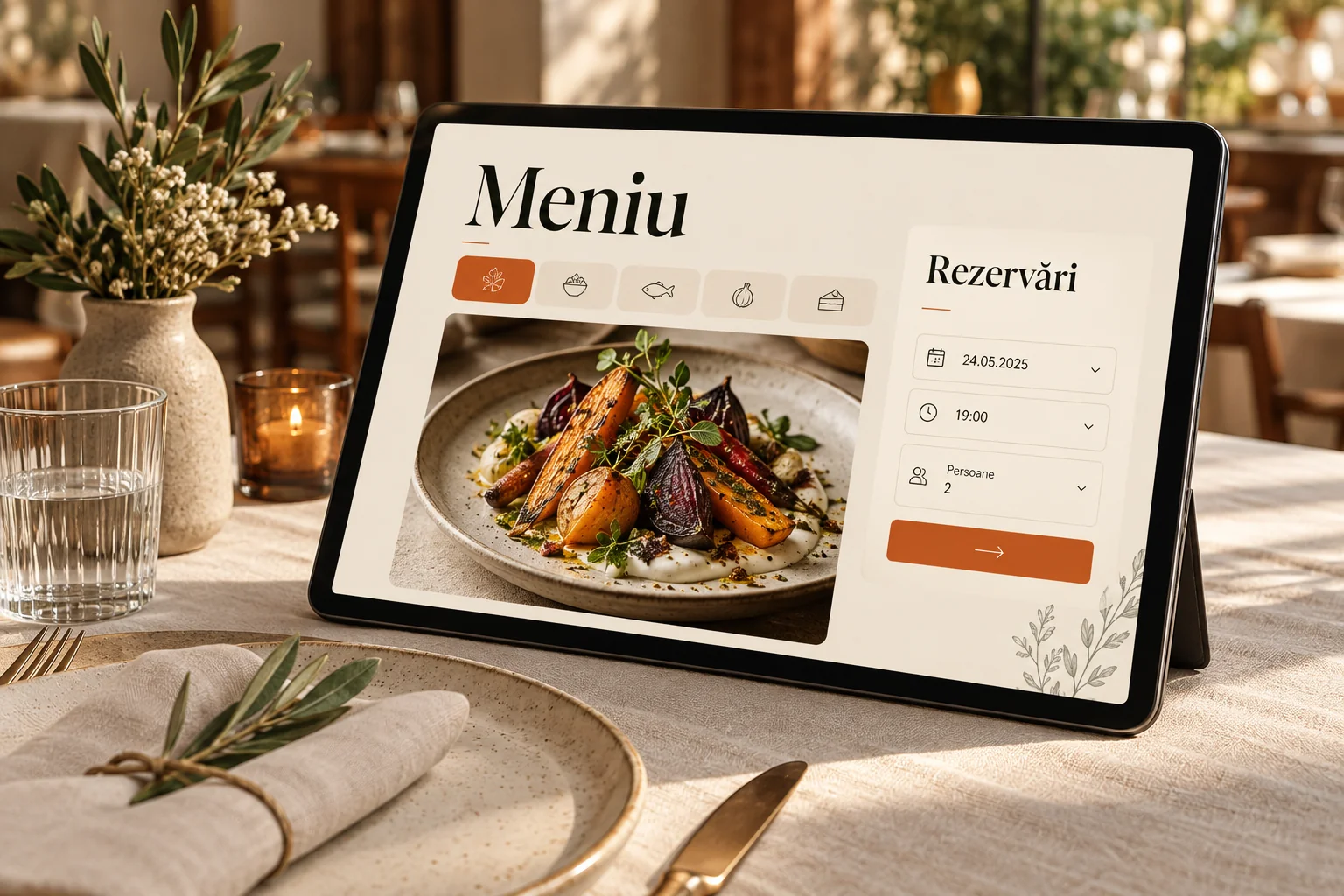 Tabletă cu un concept de meniu și cerere de rezervare, lângă un aranjament de masă.