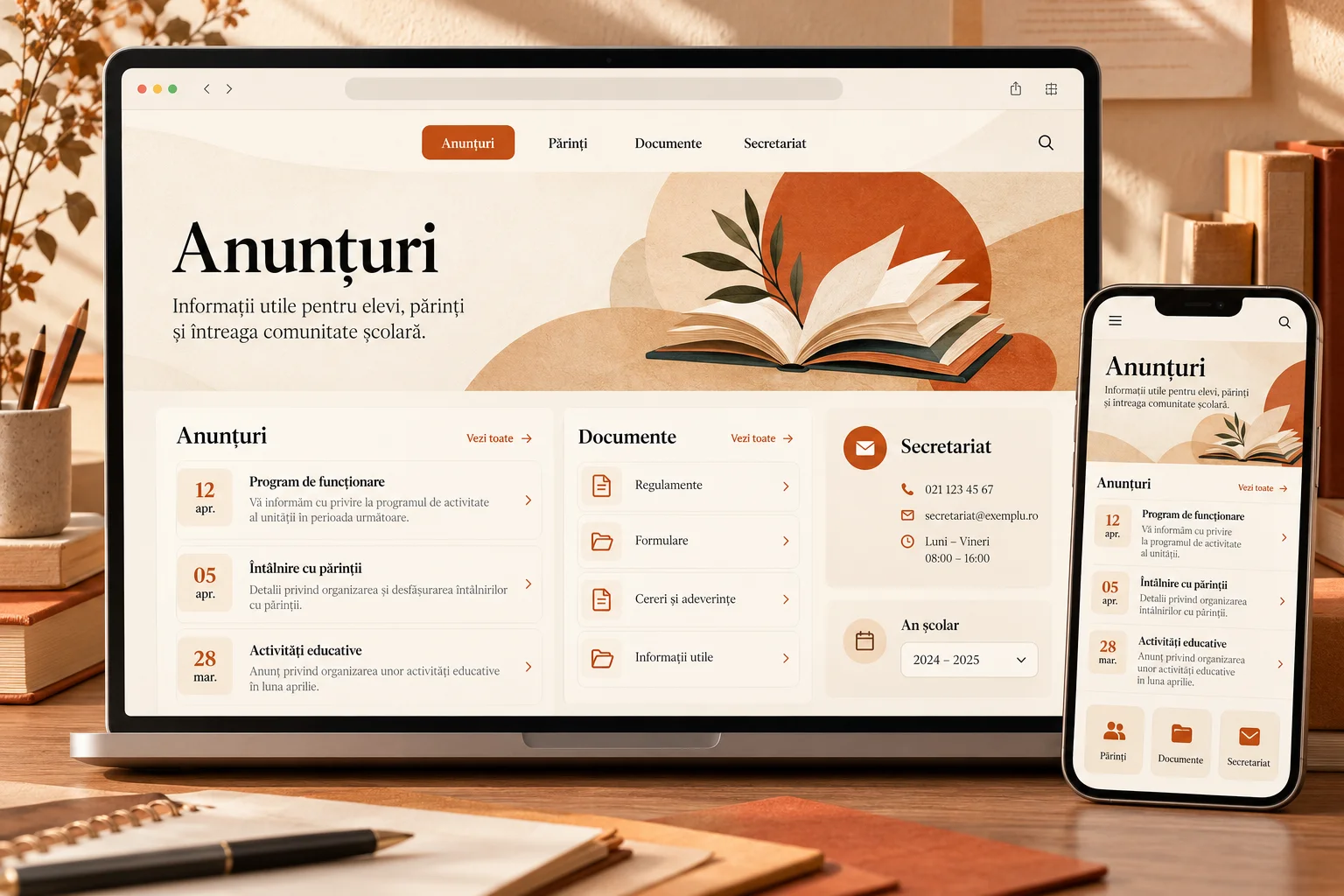 Concept de site școlar cu anunțuri, documente și informații pentru părinți.