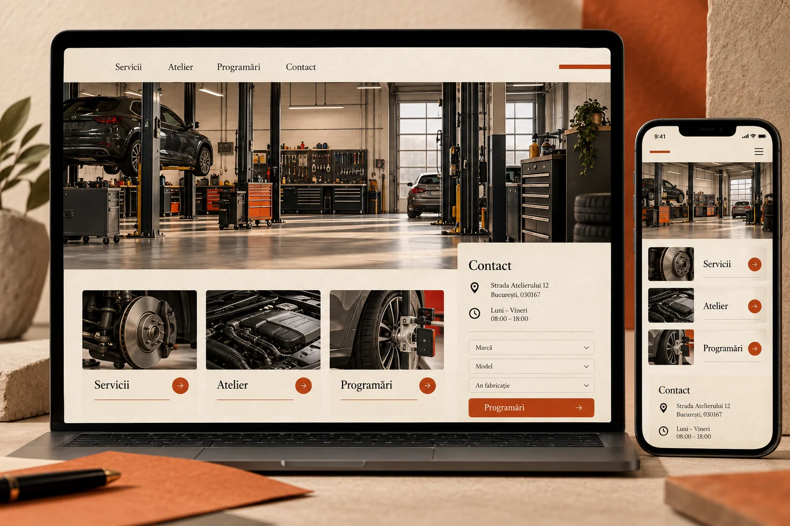 Laptop și telefon cu un concept de site pentru service auto, cu servicii, locație și formular de programare.