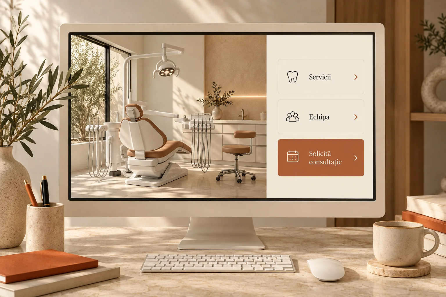 Concept de site stomatologic cu servicii și cerere de consultație pe un ecran.