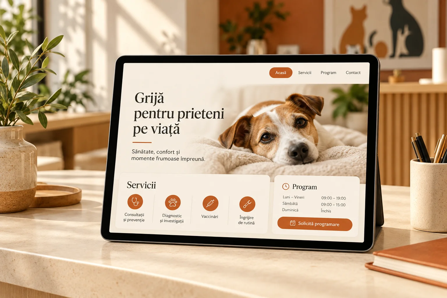 Concept de site veterinar cu servicii, program și solicitare obișnuită de programare.