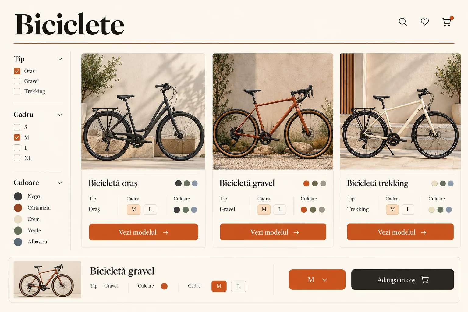 Concept de catalog de biciclete cu trei modele, filtre pentru tip, cadru și culoare și o variantă selectată.