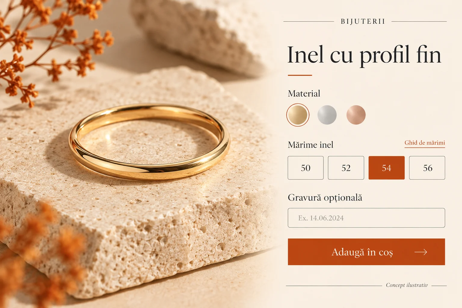 Concept de pagină de inel cu selecție de mărime, material și opțiune de gravură.