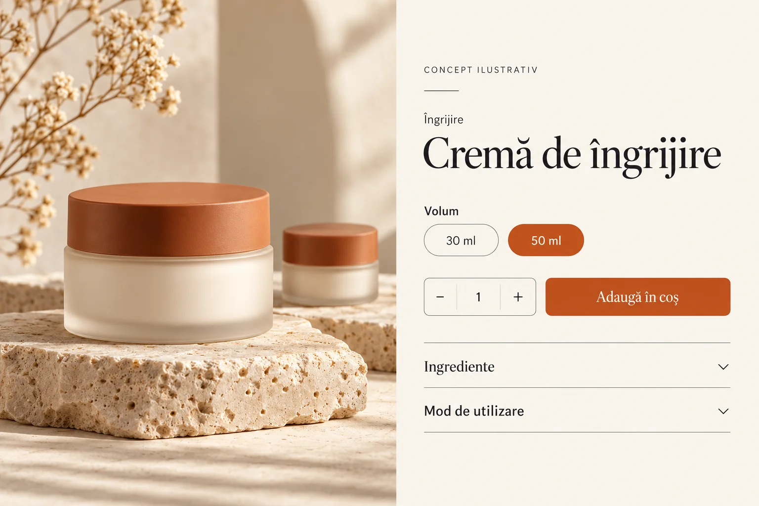 Concept de pagină cosmetică cu borcane crem, selector de volum 30 sau 50 ml și secțiuni pentru ingrediente și utilizare.