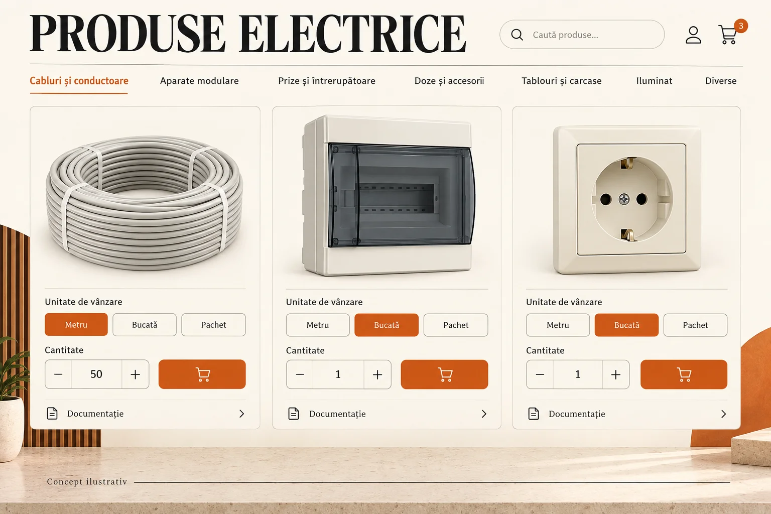 Concept de catalog electric cu cablu, carcasă modulară, priză și selecții pentru unitatea de vânzare.