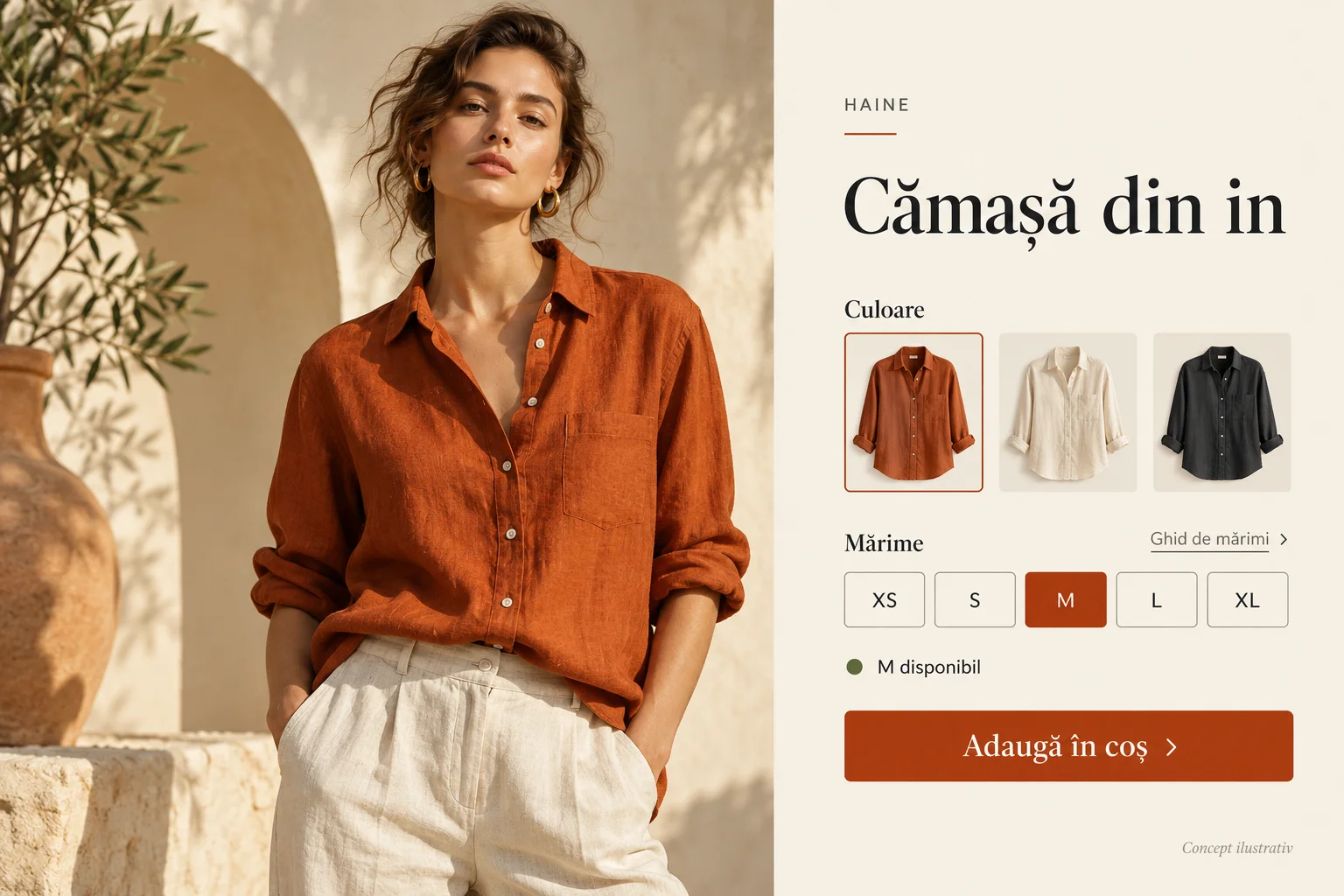 Concept de pagină de cămașă cu opțiuni de culoare, mărimi și stoc pentru mărimea M.