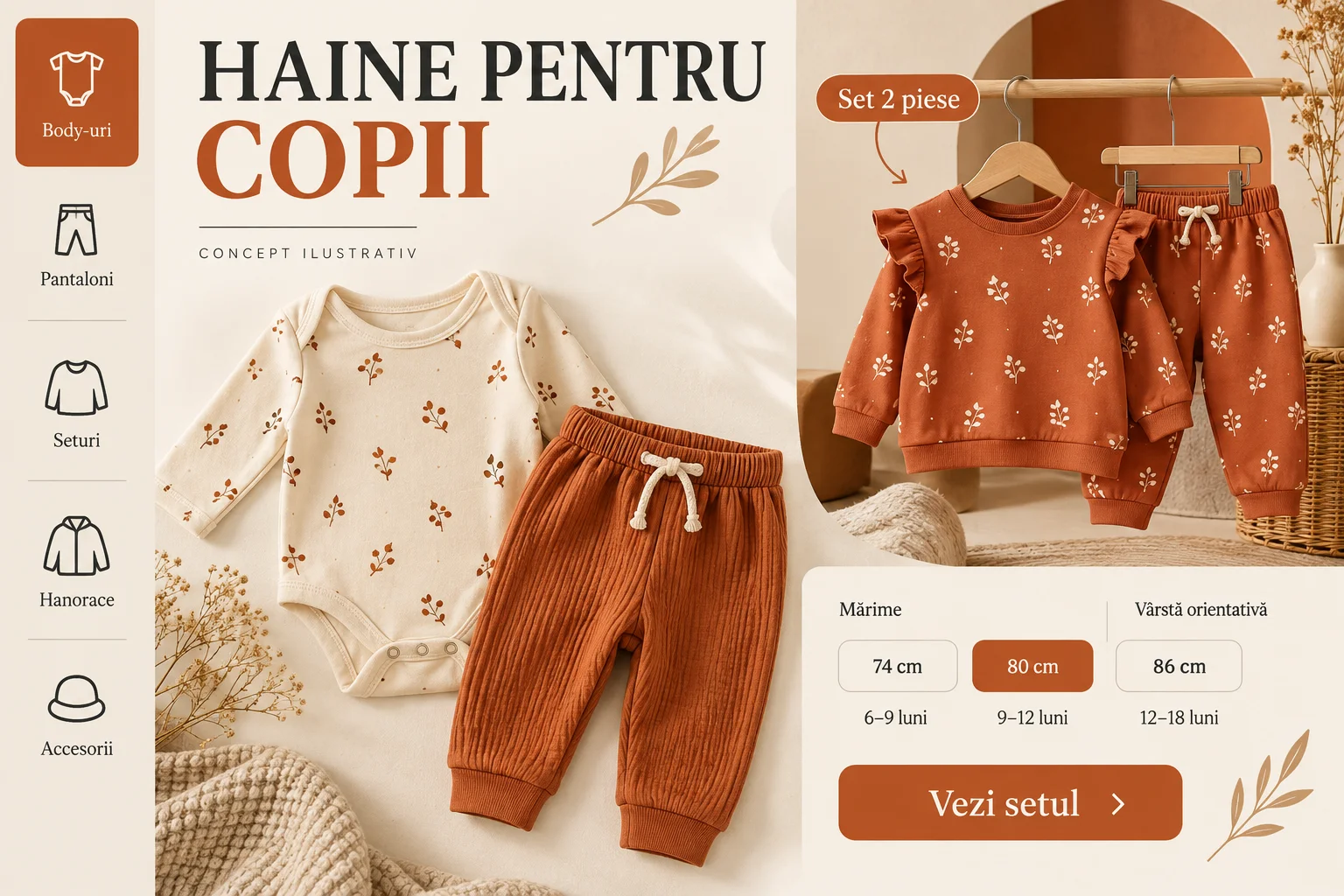 Concept de magazin pentru copii cu body, pantaloni, set și selecție de mărimi în centimetri.