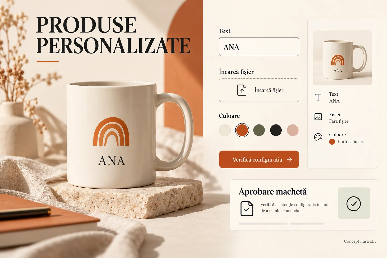 Concept de configurator pentru cană cu text, încărcare fișier, culoare și rezumatul personalizării.