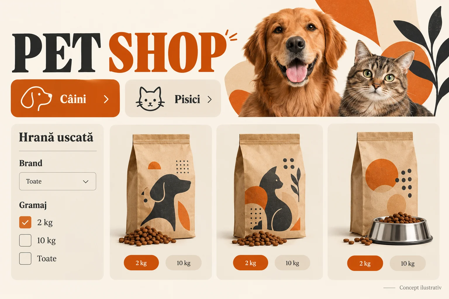 Concept de catalog pet shop cu categorii pentru câini și pisici, hrană și filtre de gramaj.