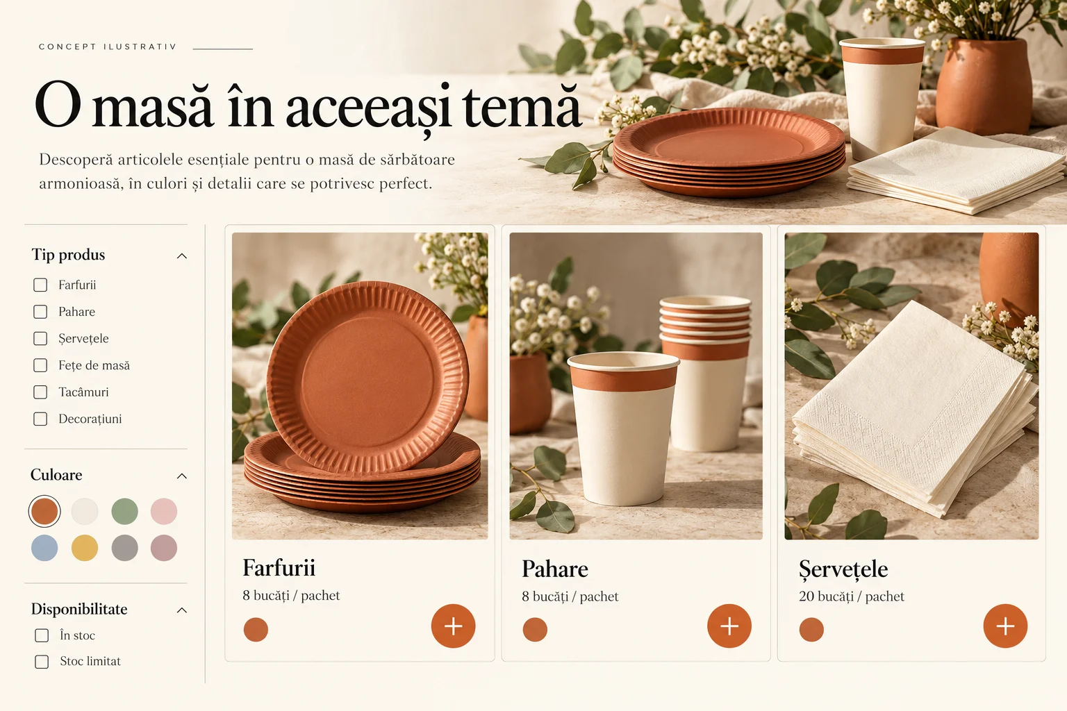 Concept de catalog cu filtre de produs și culoare, farfurii teracotă, pahare crem și șervețele în pachete.