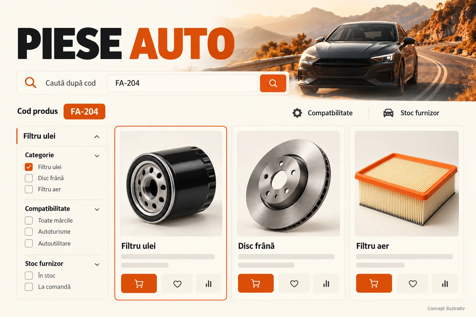 Concept de catalog cu căutare după cod, filtre și trei categorii de piese auto.
