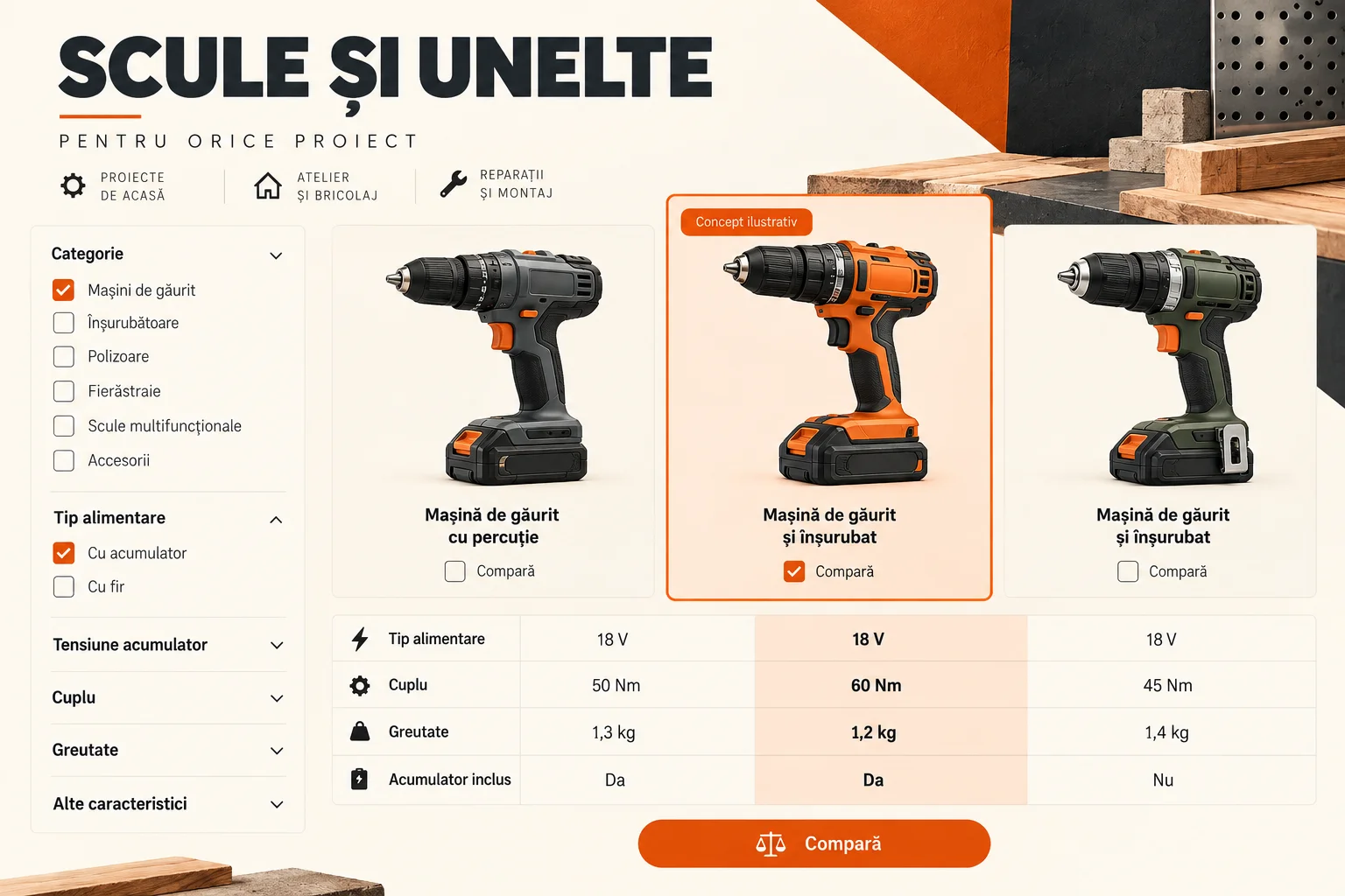 Concept de catalog de scule cu trei mașini de găurit, filtre și tabel de comparație.