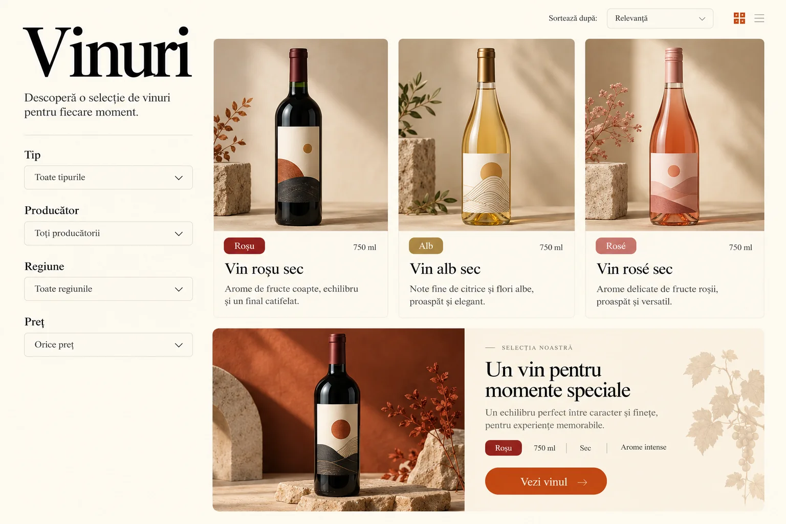 Concept de catalog de vinuri cu trei sticle, filtre după tip, producător, regiune și preț.
