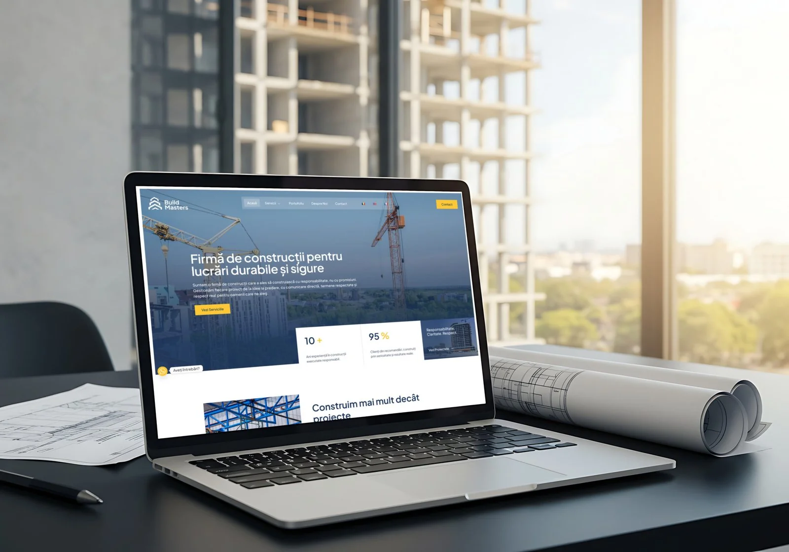 Laptop cu site-ul Build Masters, pe o masă cu planuri de construcții